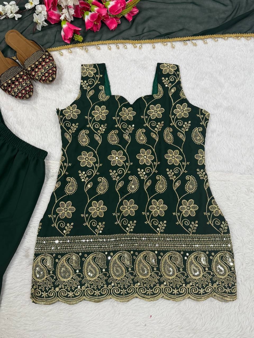 Latest New Green Faux Georgette Kurta Palazzo With Dupatta For Festival Wear