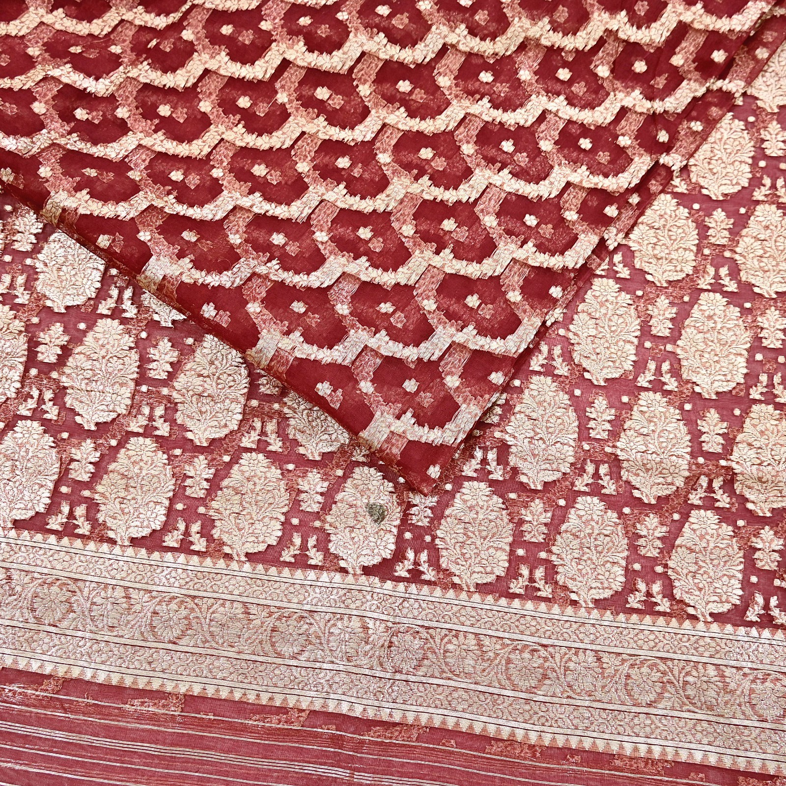 Indian Vintage Sari Heavy Maroon Pure Organza Silk Woven Brocade Banarasi Sarees