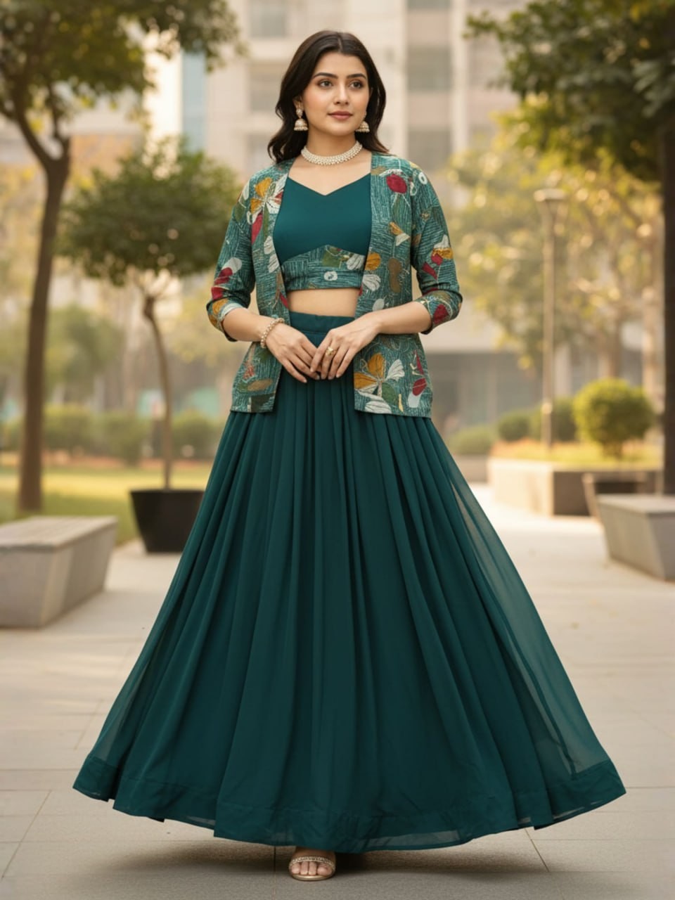 Premium Georgette Lehenga Choli With Chanderi Koti Jacket Party Wear