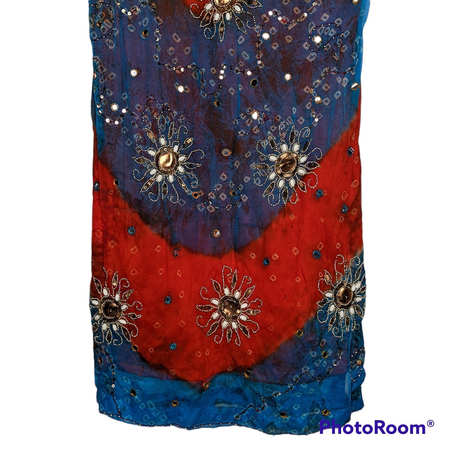 Indian Kurti Tunic Top Dress Women’s Sz 38 Red Blue Short Sleeves Bells Lined