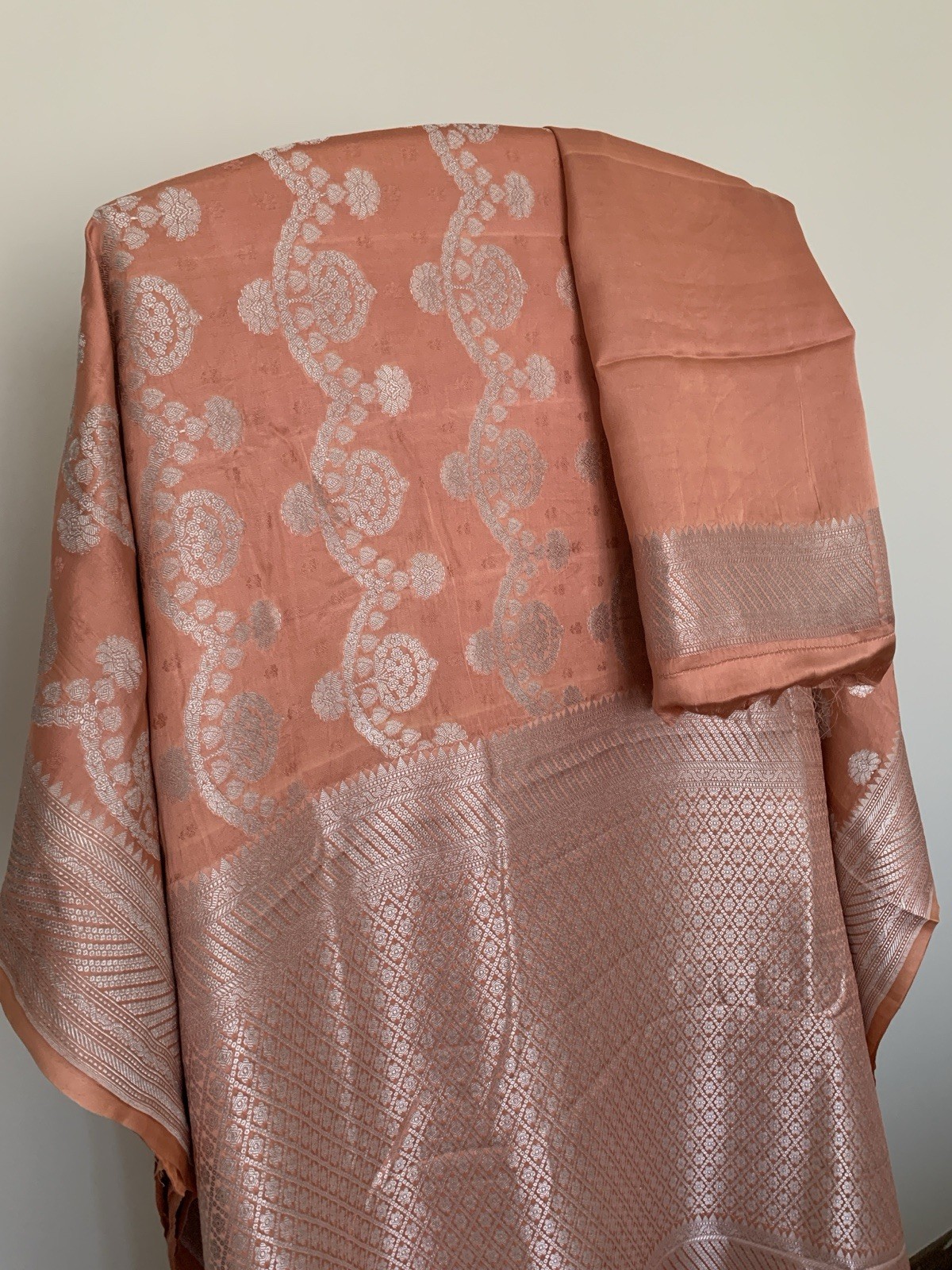 Dark Peach Banarasi Mashru Handloom Pure Silk Saree Partywear Wedding Sari Women