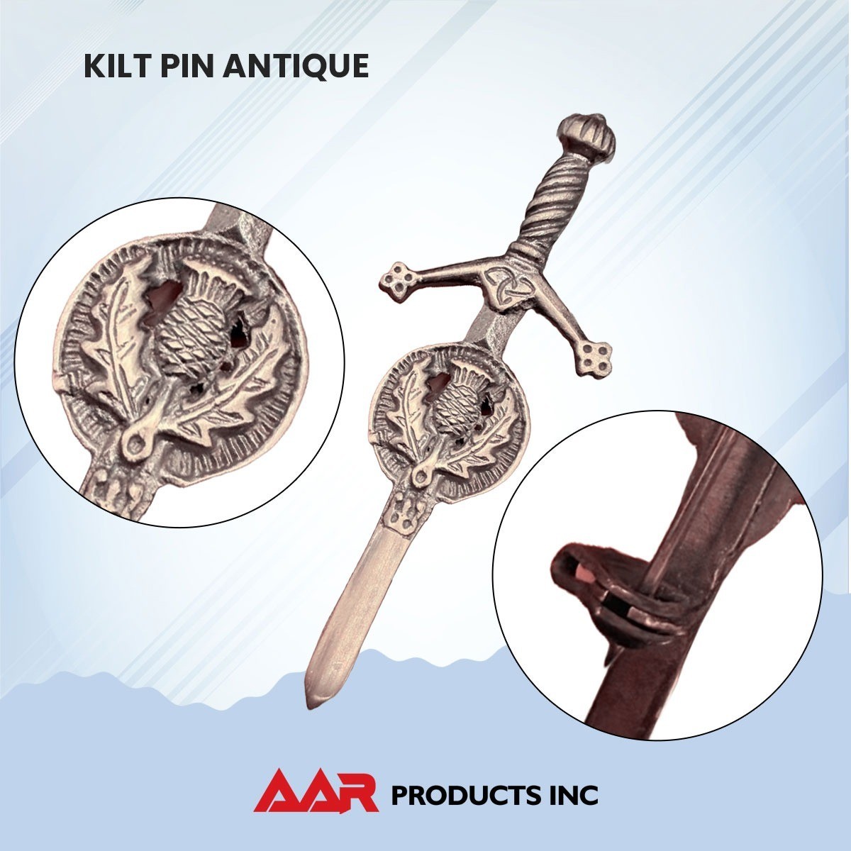 AAR Celtic Kilt Pin with Thistle Badge Design Antique Finish