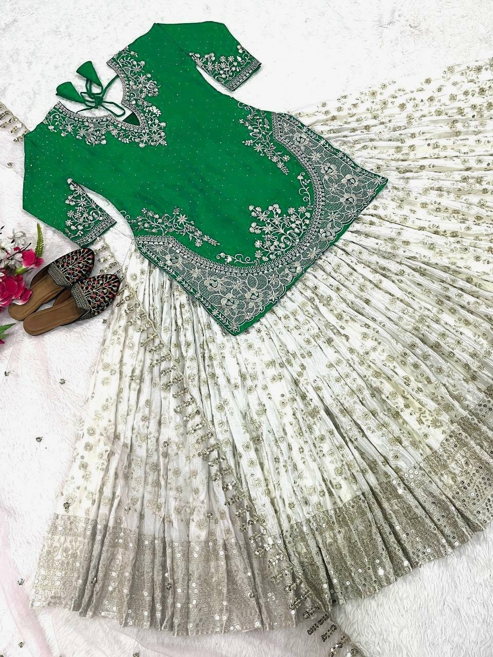 Wedding Wear Blue & White Crepe Silk Top Lehenga With Dupatta For Women & Girls