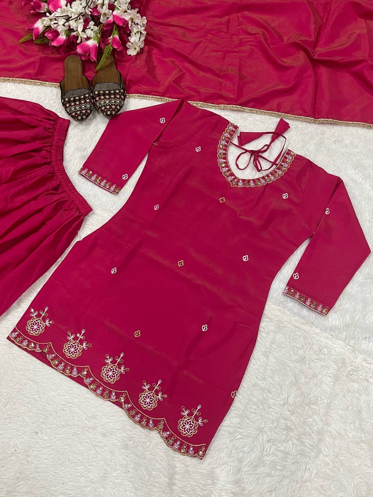 Fancy Designer Pink Simmar Silk Kurta Palazzo With Dupatta For Reception Wear