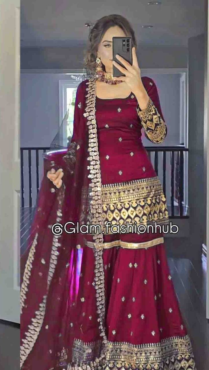 Stylish Look Heavy Vichitra Silk Maroon Top Palazzo With Dupatta For Women Wear