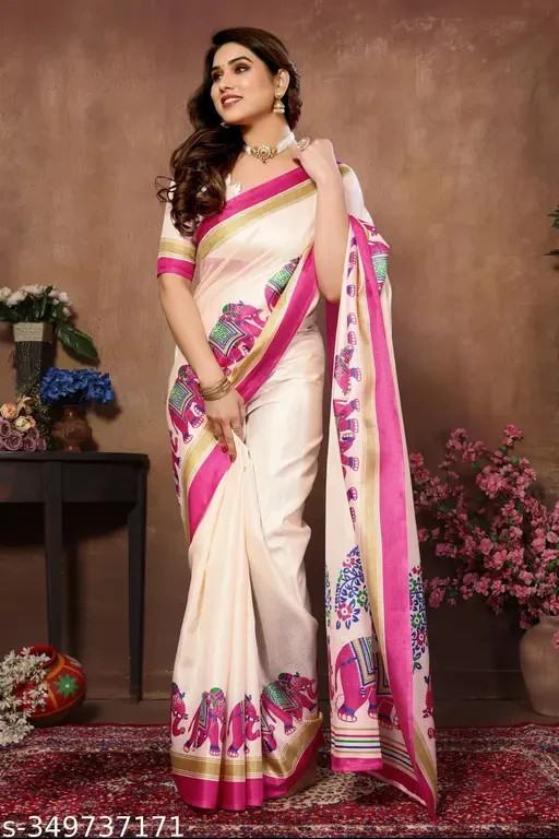 WOMEN KALAMKARI PRINTED KHADI SILK SAREE WITH RUNNING BOUSE