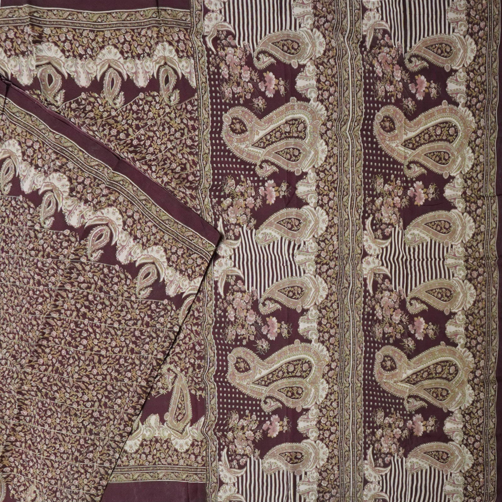 Vintage Dark Purple 100% Pure Silk Printed Sarees Floral Craft Fabric 5YD Sari