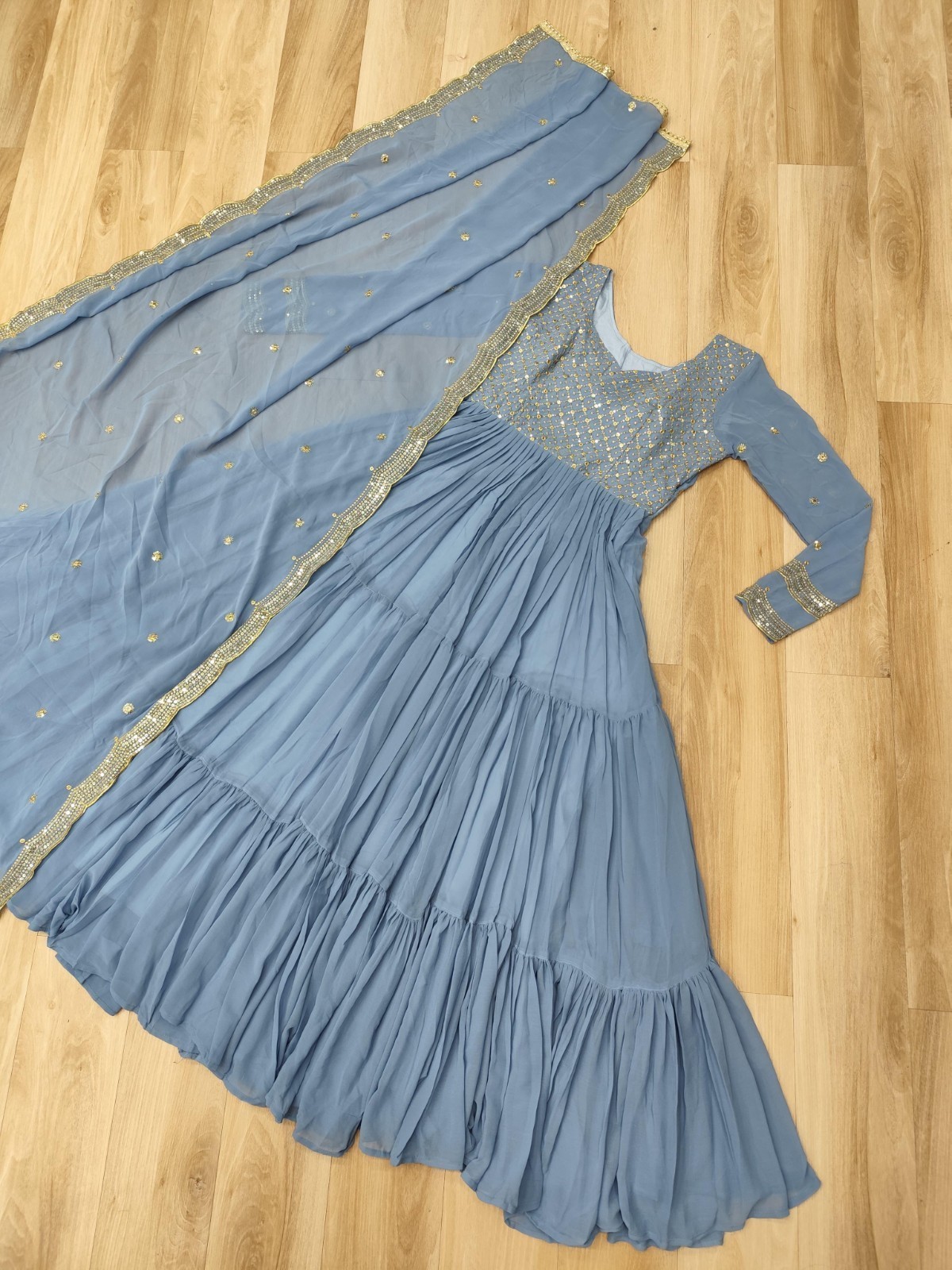 Indian Style Faux Georgette Blue Salwar Kameez With Dupatta For Women Wear