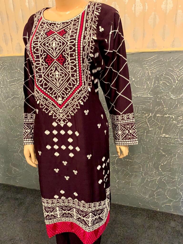 Pakistani Dark Purple Printed Straight Shirt 3pcs linen Suit w/ Threadwork ,L