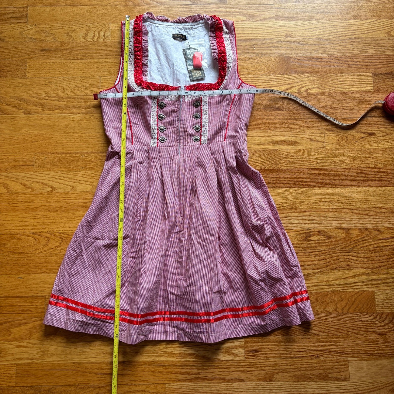 GloryStar Bavarian Red Gingham Dirndl Dress Lace Heart Buttons Oktoberfest Large