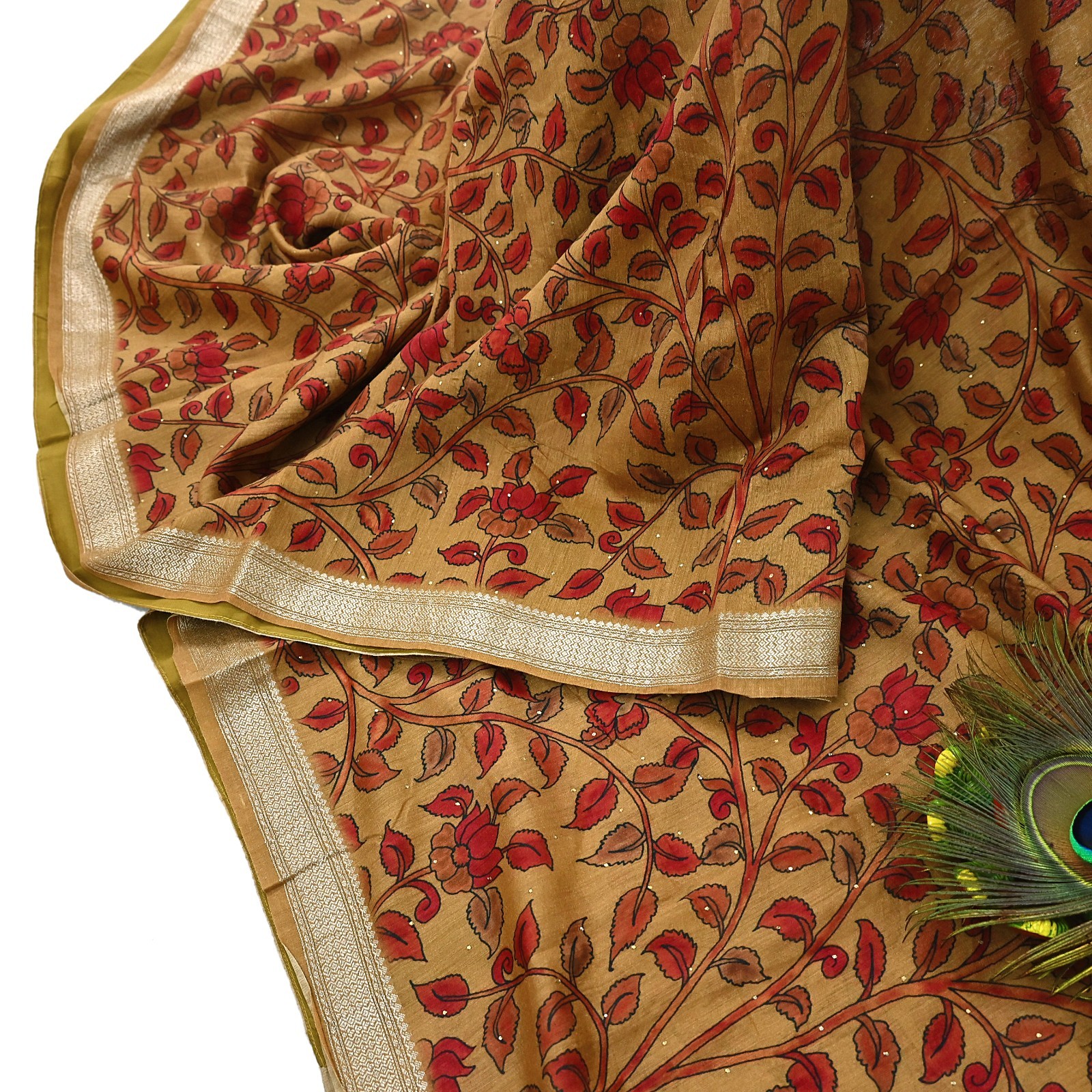 Indian Vintage Sari Pure chanderi Silk Kalamkari Print Saree Craft Fabric 5Yd