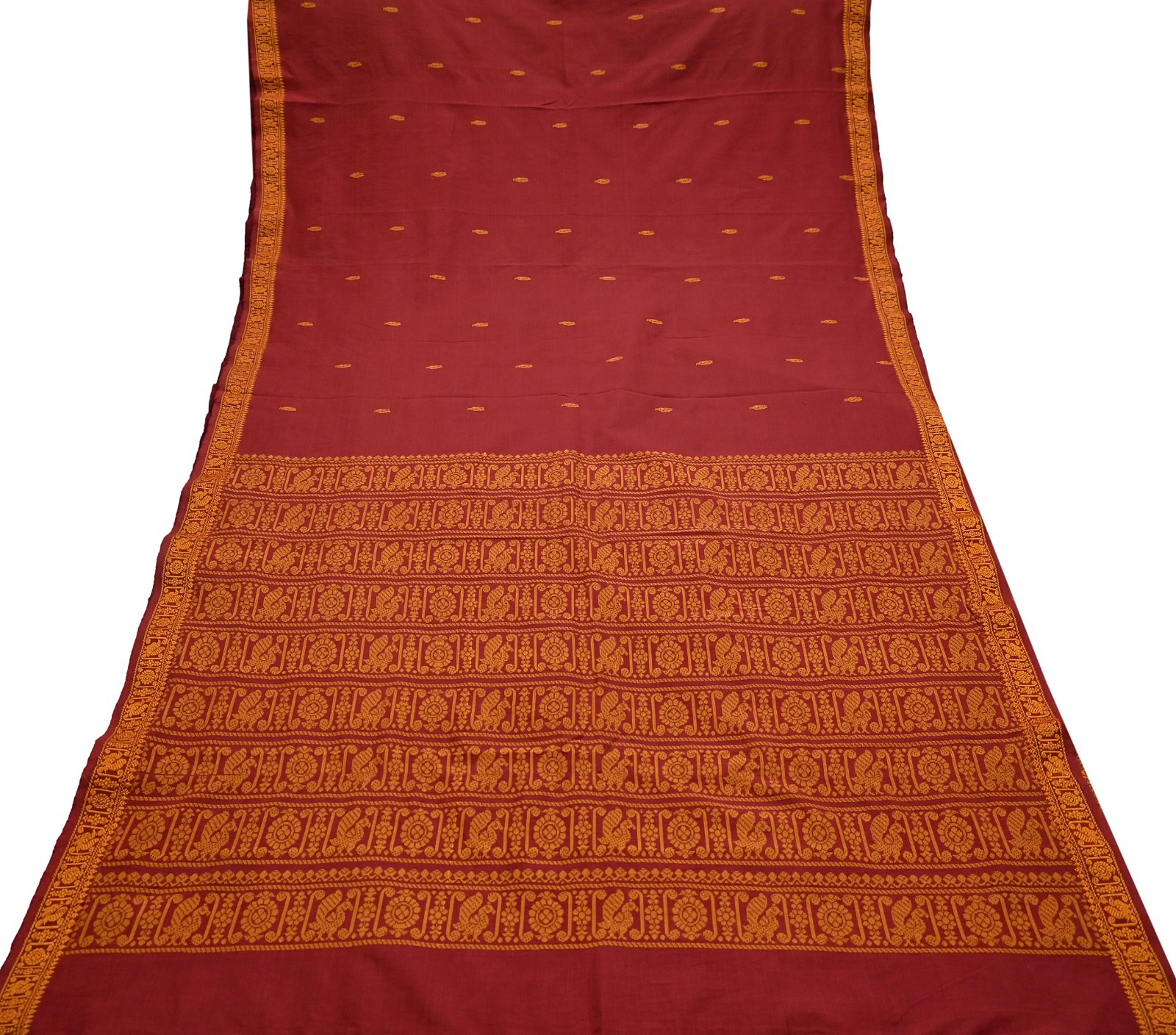 Indian Vintage Sari Maroon & Cream Blend Cotton Hand Woven Baluchari Saree 5yd