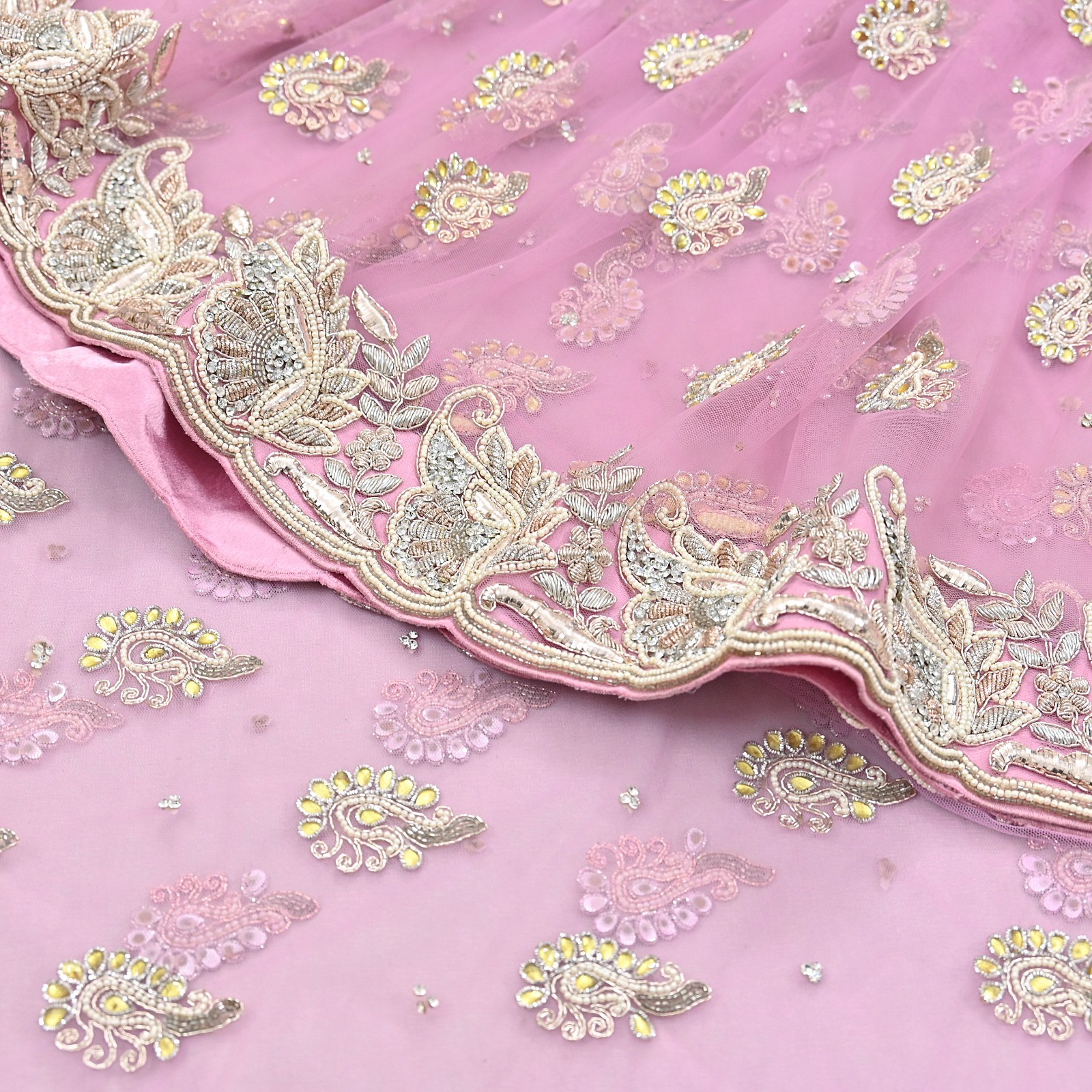 Indian Vintage Sari Pink Net/Mesh Hand Embroidered Anamika Khanna Designer Saree