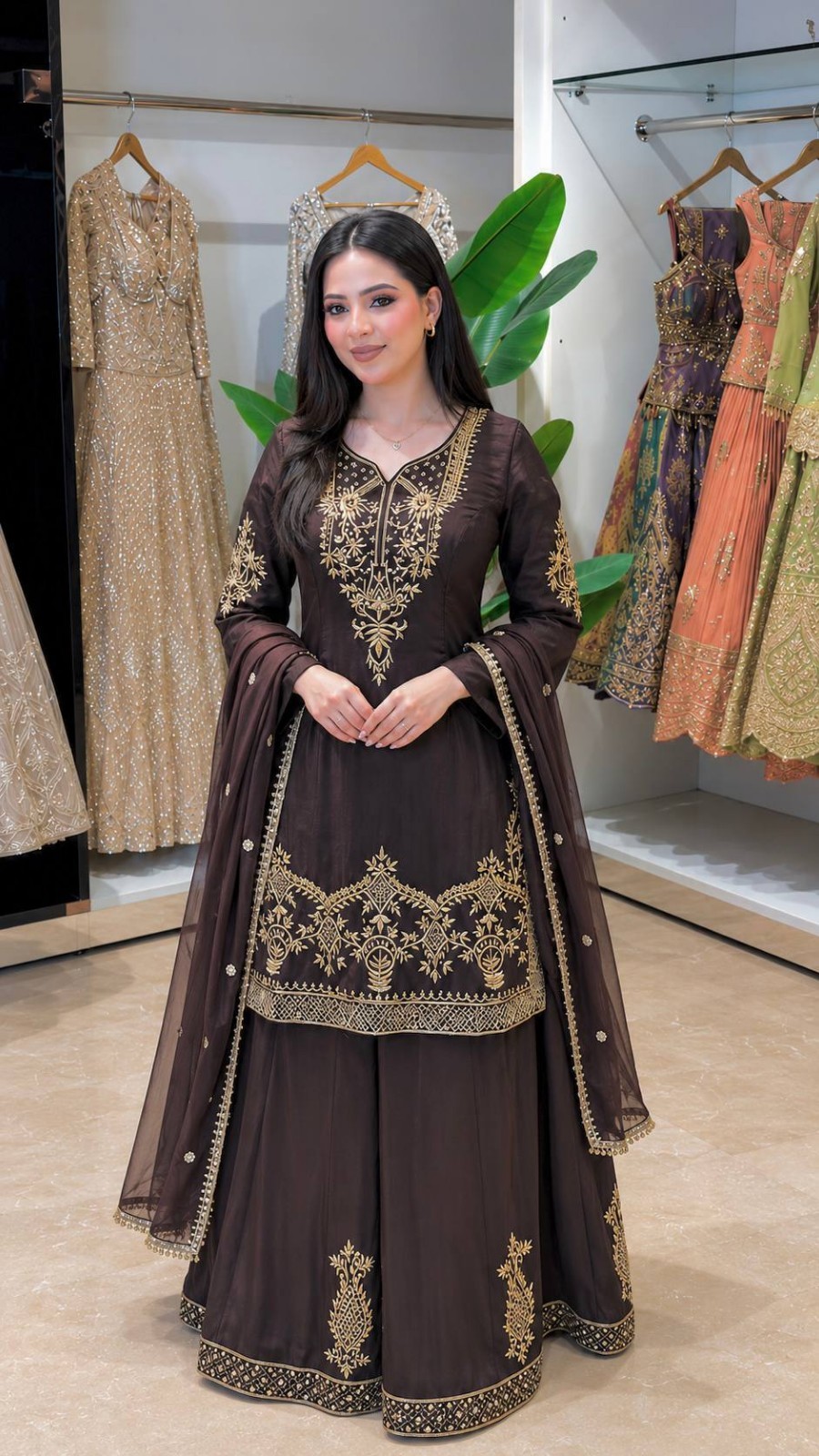 Indian Designer Crepe Silk Kurta Palazzo With Dupatta For Wedding Wear