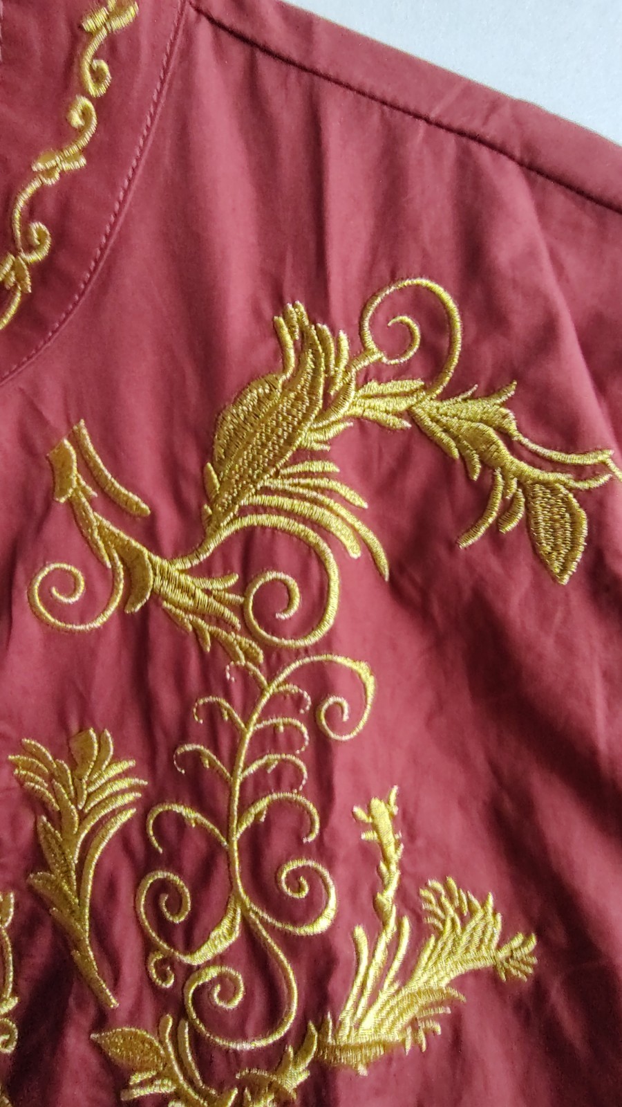 Middle Eastern Style Kurta Maroon Long Top with Gold Embroidery Detail-Size M
