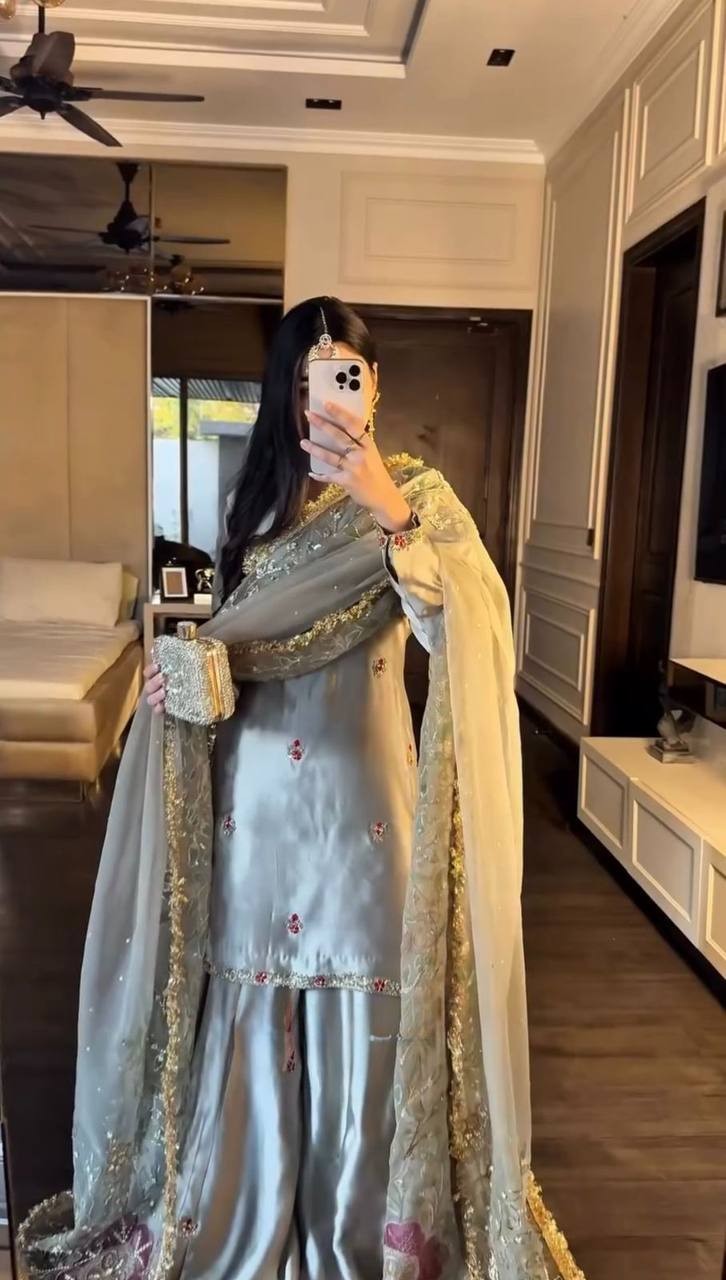 Latest Designer Japan Satin Silk Kurta Palazzo With Dupatta For Women