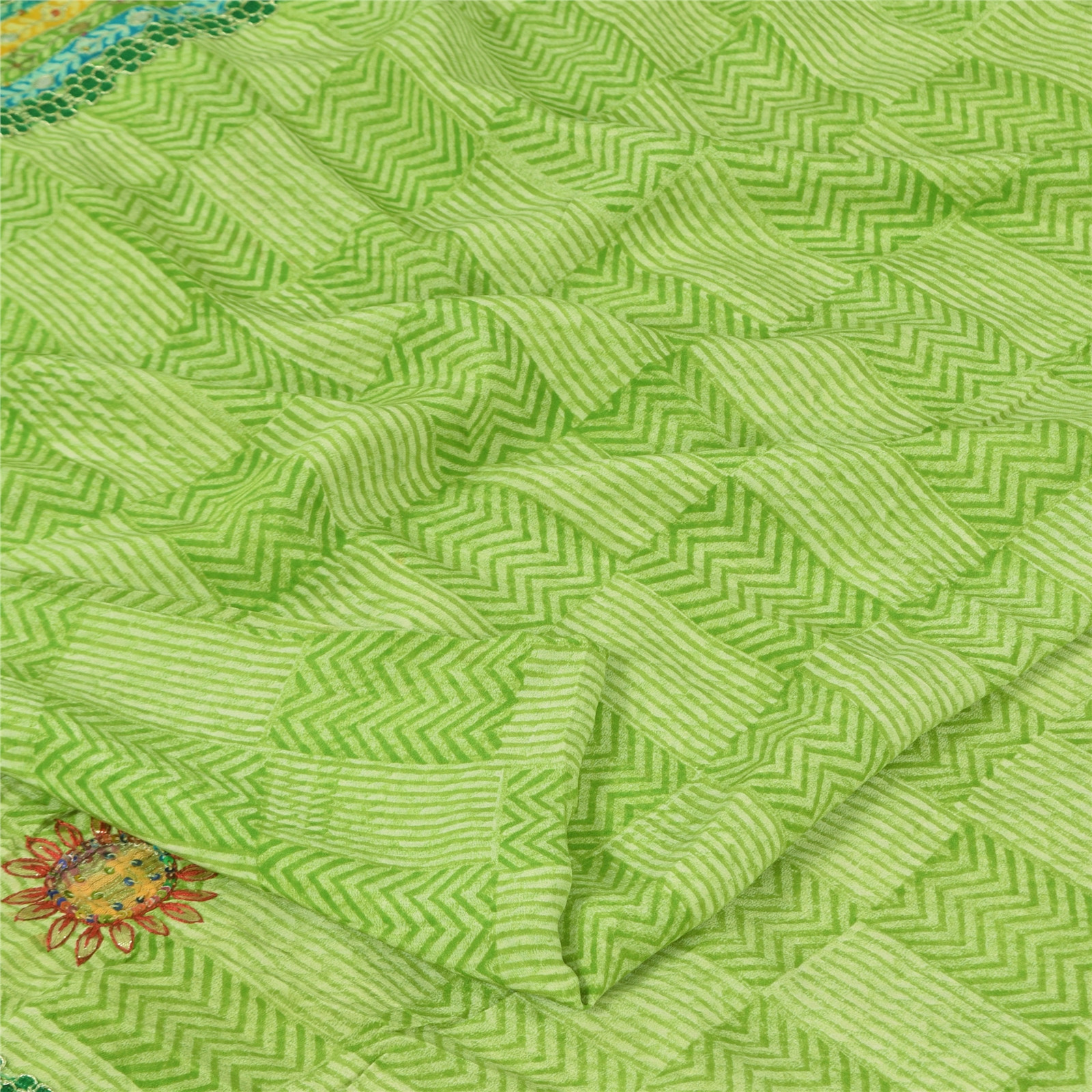 Sanskriti Vintage Saree Green Pure Crepe Hand Embroidered-Gota Patti Print Sari