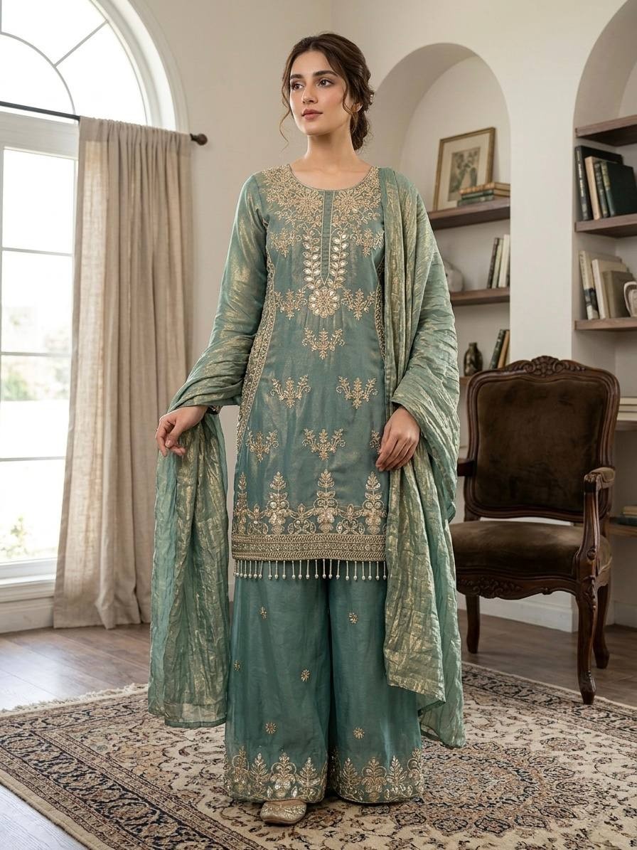 Designer Pakistani Readymade Silk Sharara Suit Embroidery Dupatta Set