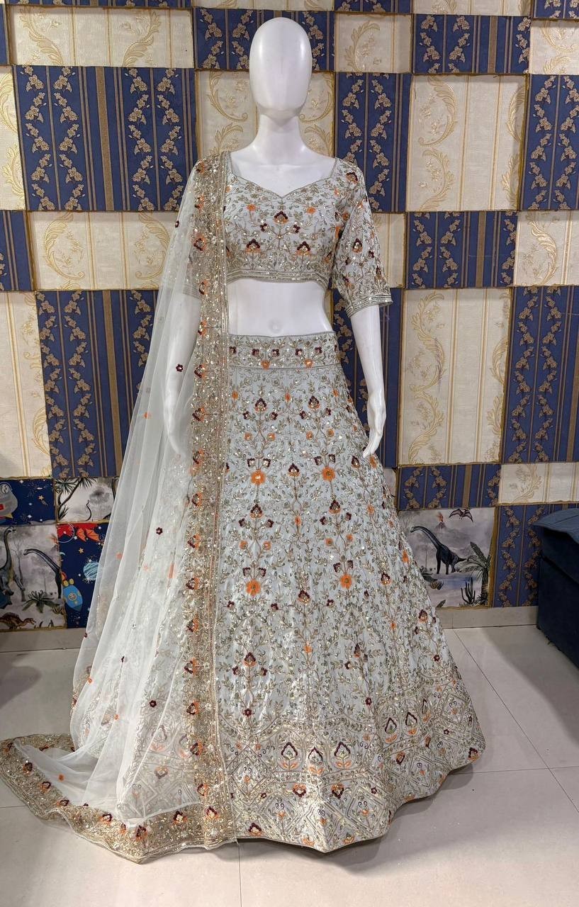 Luxury Satin Silk Lehenga Choli 4m Flare Sequins Work Can-Can Set