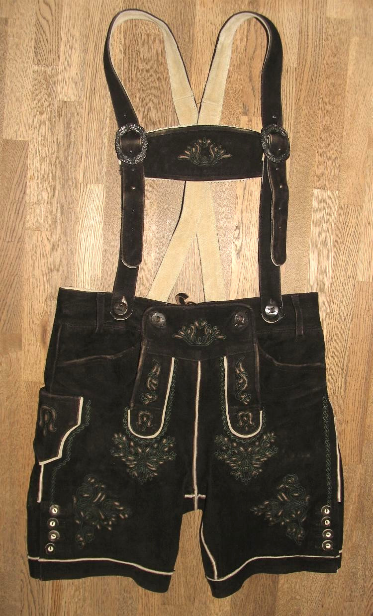 Lodenfrey Mens Short Leather Trousers Traditional Black Brown Gr. 46