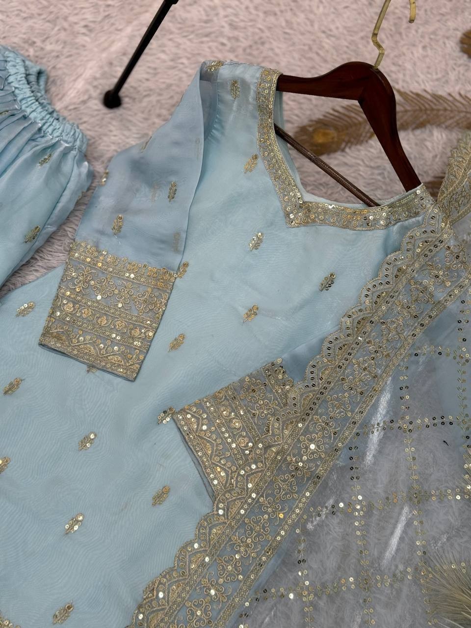 Latest Presenting Silk Sky Blue Top Palazzo With Dupatta For Indian Party Wear