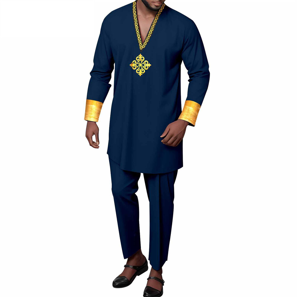Men’s African 2 Piece Set Traditional Shirt and Pants Set Suit Middle East Suit