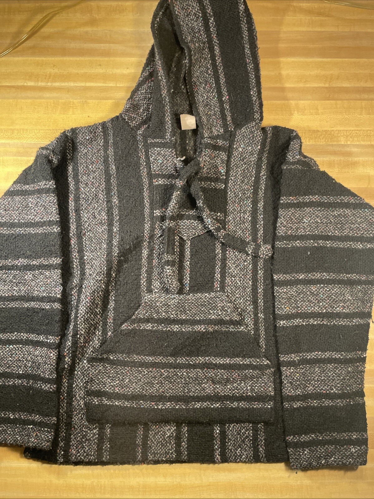Traditional Mexican Baja Pullover With Pocket Size Small Gray And Black Serape
