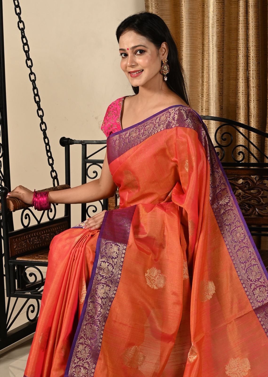 Banarasi Vastra Silky Lenin Saree With Zari Woven Floral Motifs Border Peach