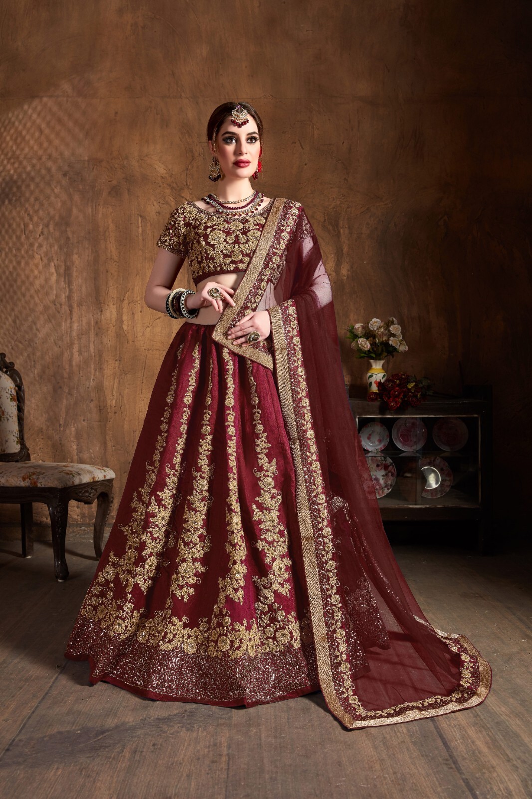 Designer Maroon Raw Silk Lehenga Choli With Soft Net Dupatta For Bridal Wear