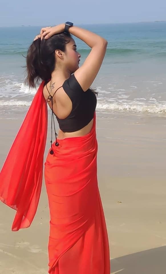 Solid Red and Black Saree for Women