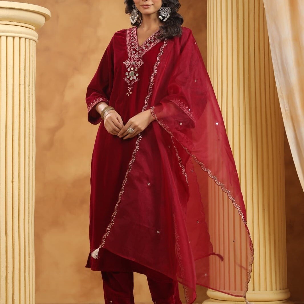 Heavy Velvet Kurta Palazzo Dupatta Set Indian Winter Wear Kurti Pant Readymade