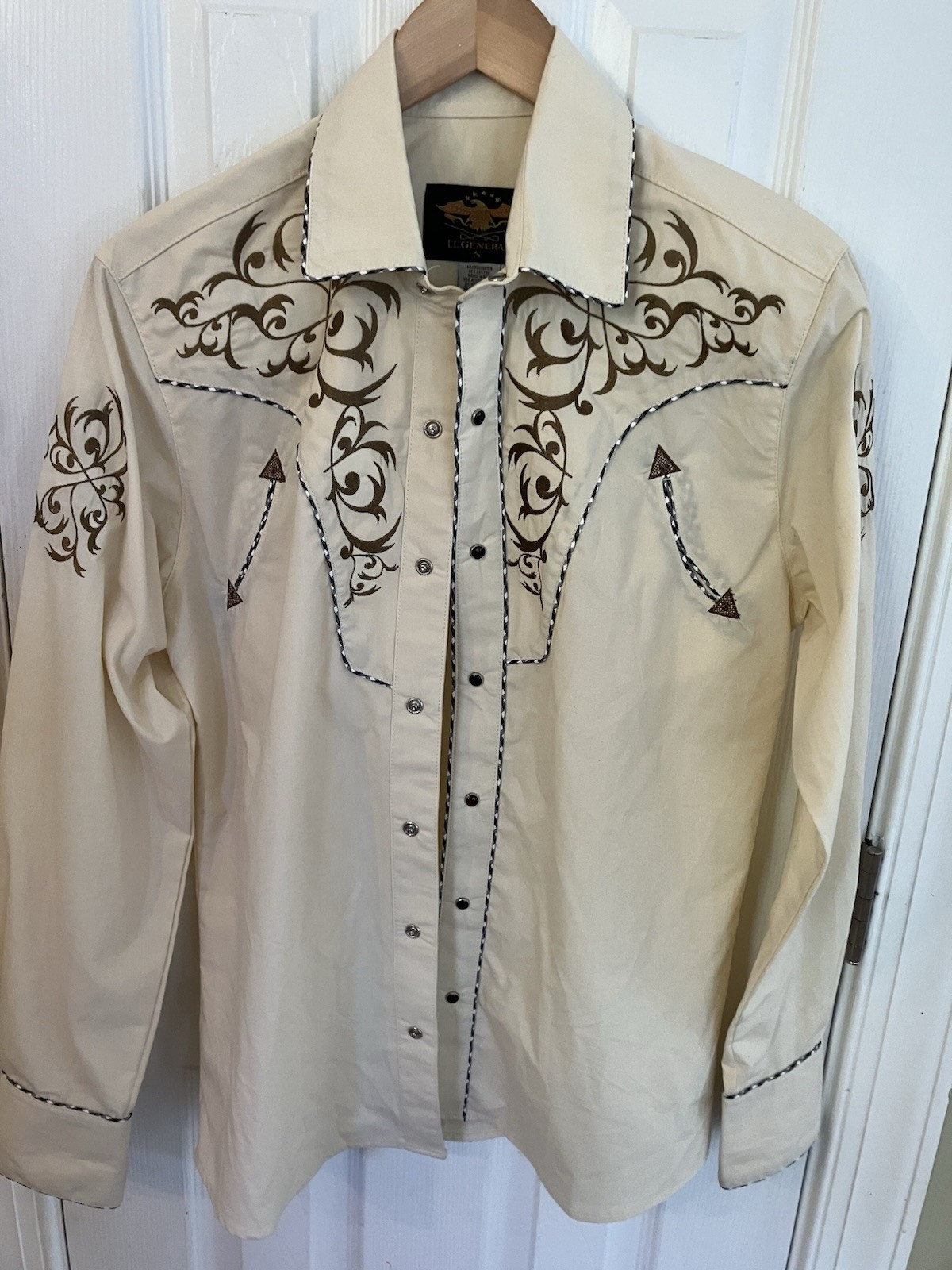 Men’s El General Charro Beige Scroll Embroidery Western Wear Long Sleeve Snap