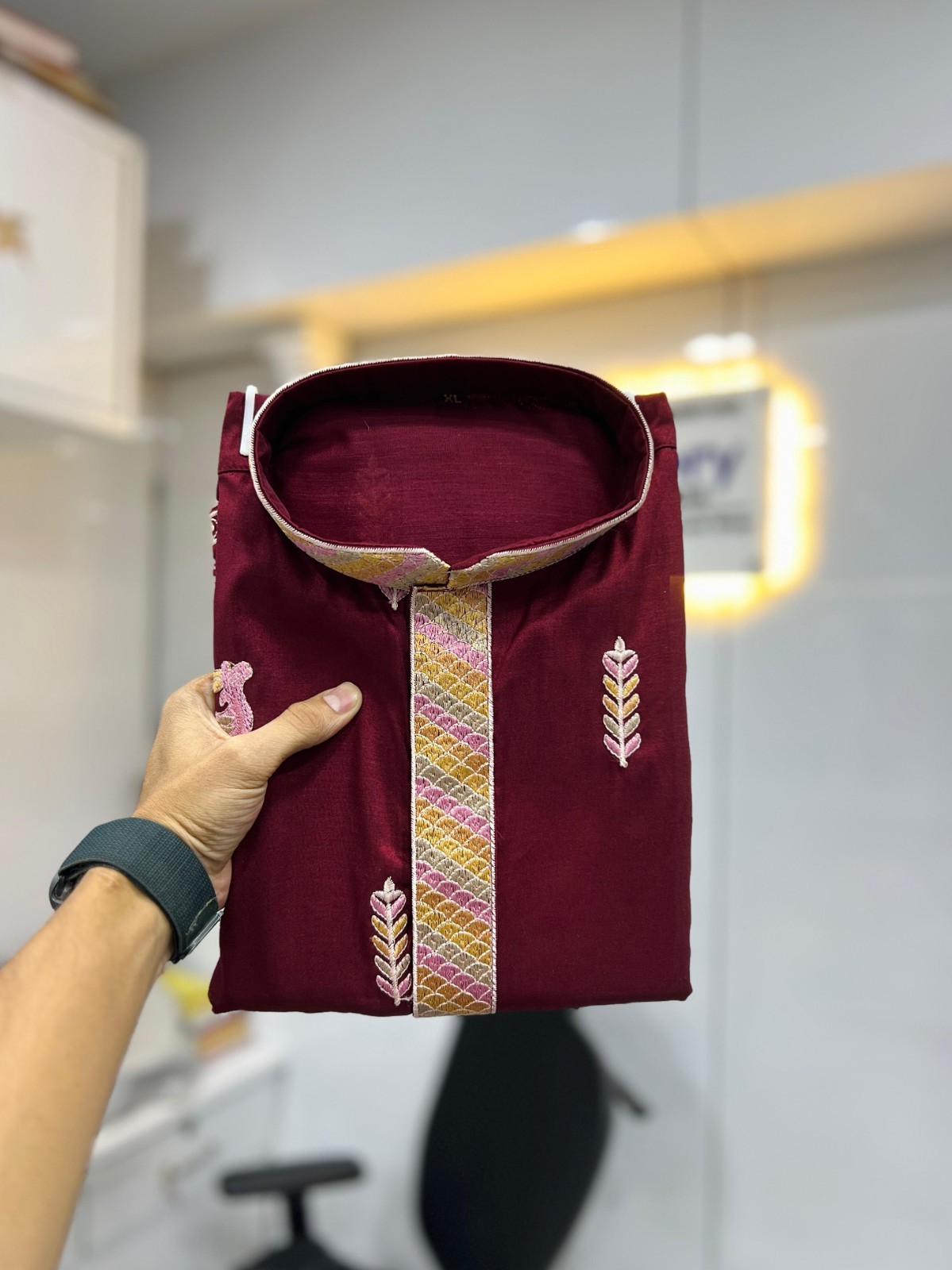 Men’s Maroon Embroidered Kurta Indian Wedding Party Wear Designer Ethnic Outfit