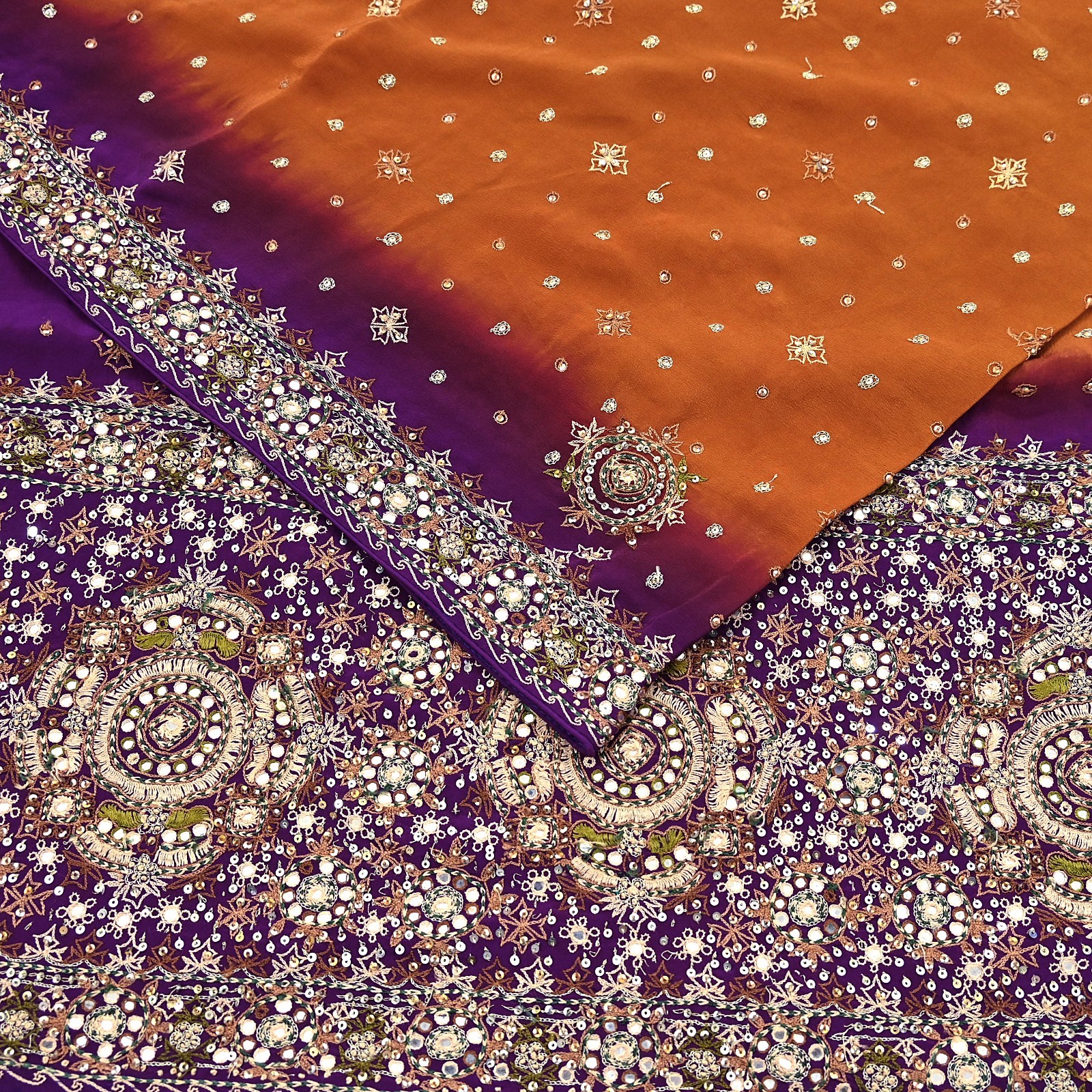 Indian Vintage Sari Purple & Mustard Pure Crepe Silk Hand Embroidered Sarees 6yd