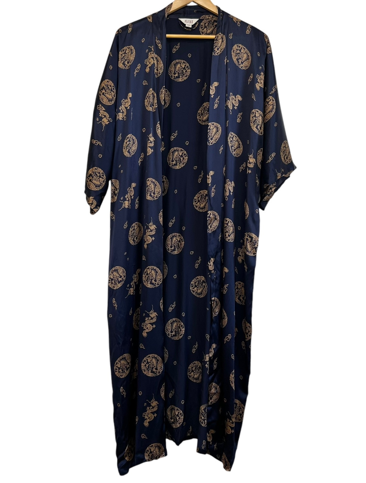 ASILK Asian Inspired Silk Kimono Robe Blue with Gold Dragon Pattern Large