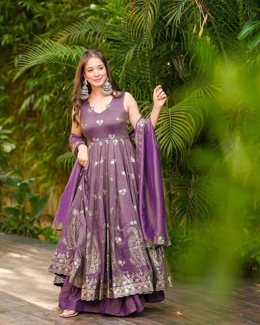 Heavy Embroidered Long Top & Plazzo Set With Fancy Sleeves and Matching Dupatta