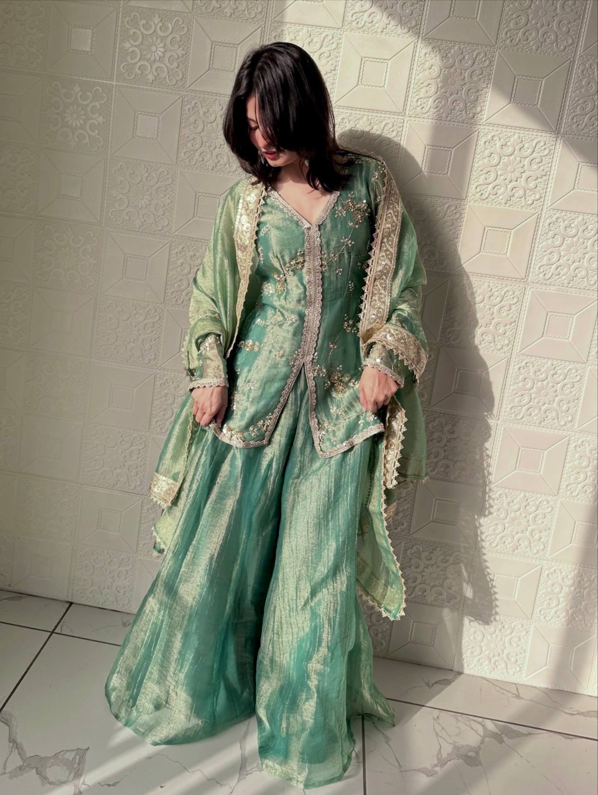 Latest Heavy Silk Teal Green Top Palazzo With Dupatta For Women Party Wear