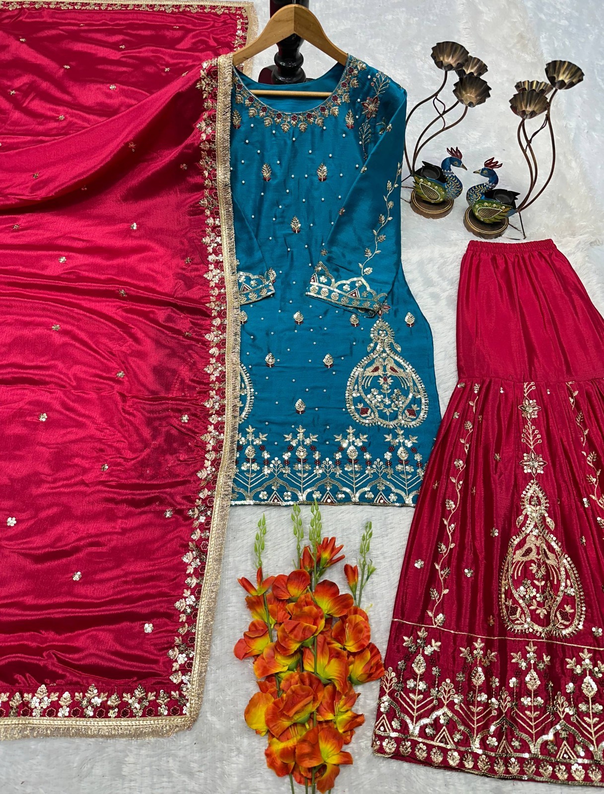 Designer Heavy Chinon Silk Blue Top Palazzo With Dupatta For Wedding Wear