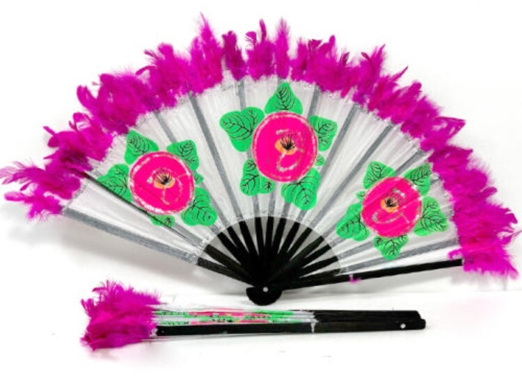 Dance fan / (white, black) / Pink feather / Traditional fan dance / 1 pair