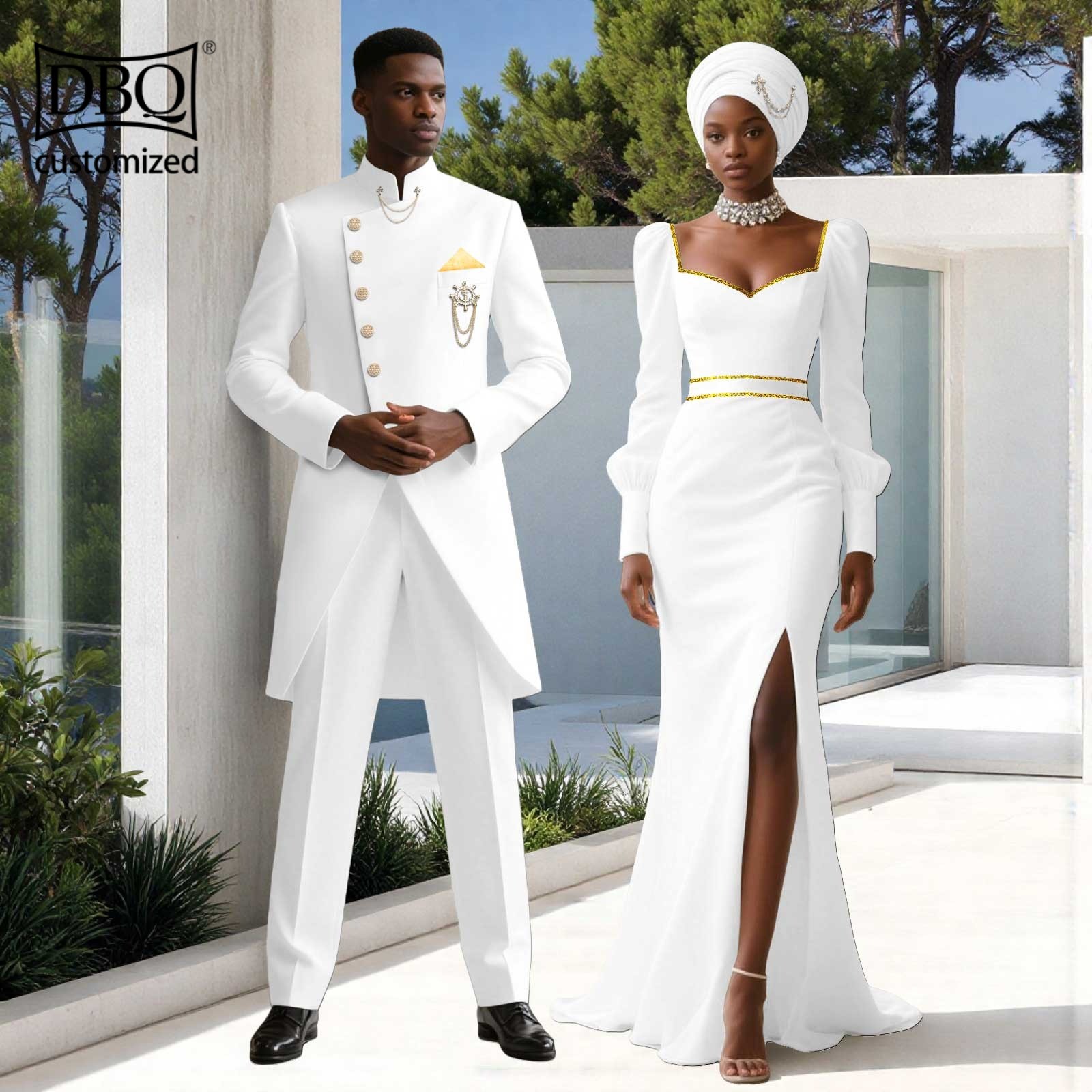African Couple Clothes Men Long Jacket Pants Set Women Maxi Dress with Headwrap