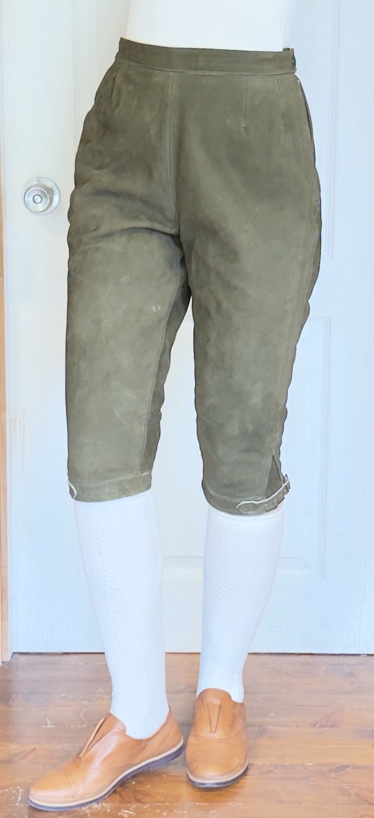 Olive LEATHER Lederhosen Pants Women German Bavarian Oktoberfest Waist 26”