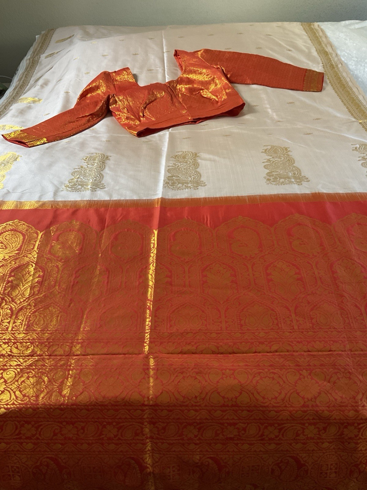 Orange And Off White Indian Silk Saree With Stitched Blouse