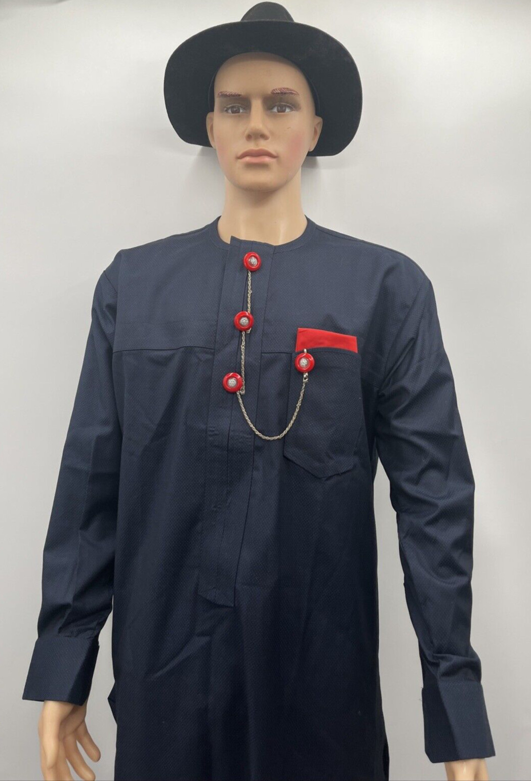 Men’s Navy Blue African Shirt Pants Traditional Suit Two Piece Set Size Large