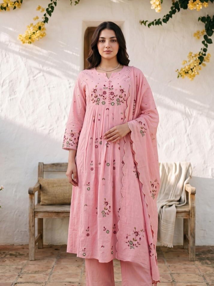 Women’s Cotton Embroidered Anarkali Kurta Pant Dupatta Set White Pink Ethnic Sui