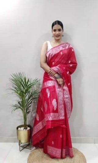 Women Kanjivaram Kanchipuram Soft Cotton Linen Silk Saree with Blouse Piece