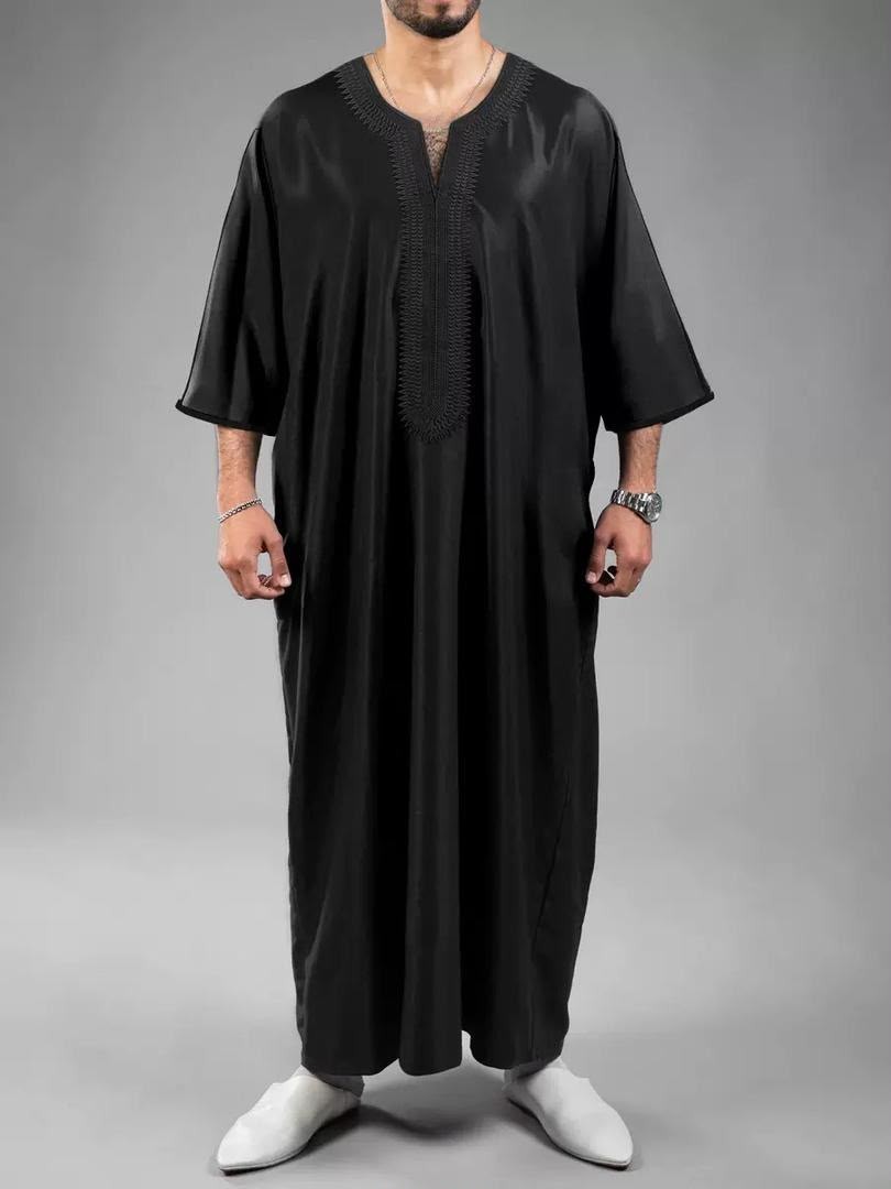NEW Men’s Moroccan Style 3/4 Sleeve Djellaba Thobe SHINY BLACK Jubbah | S-XXL