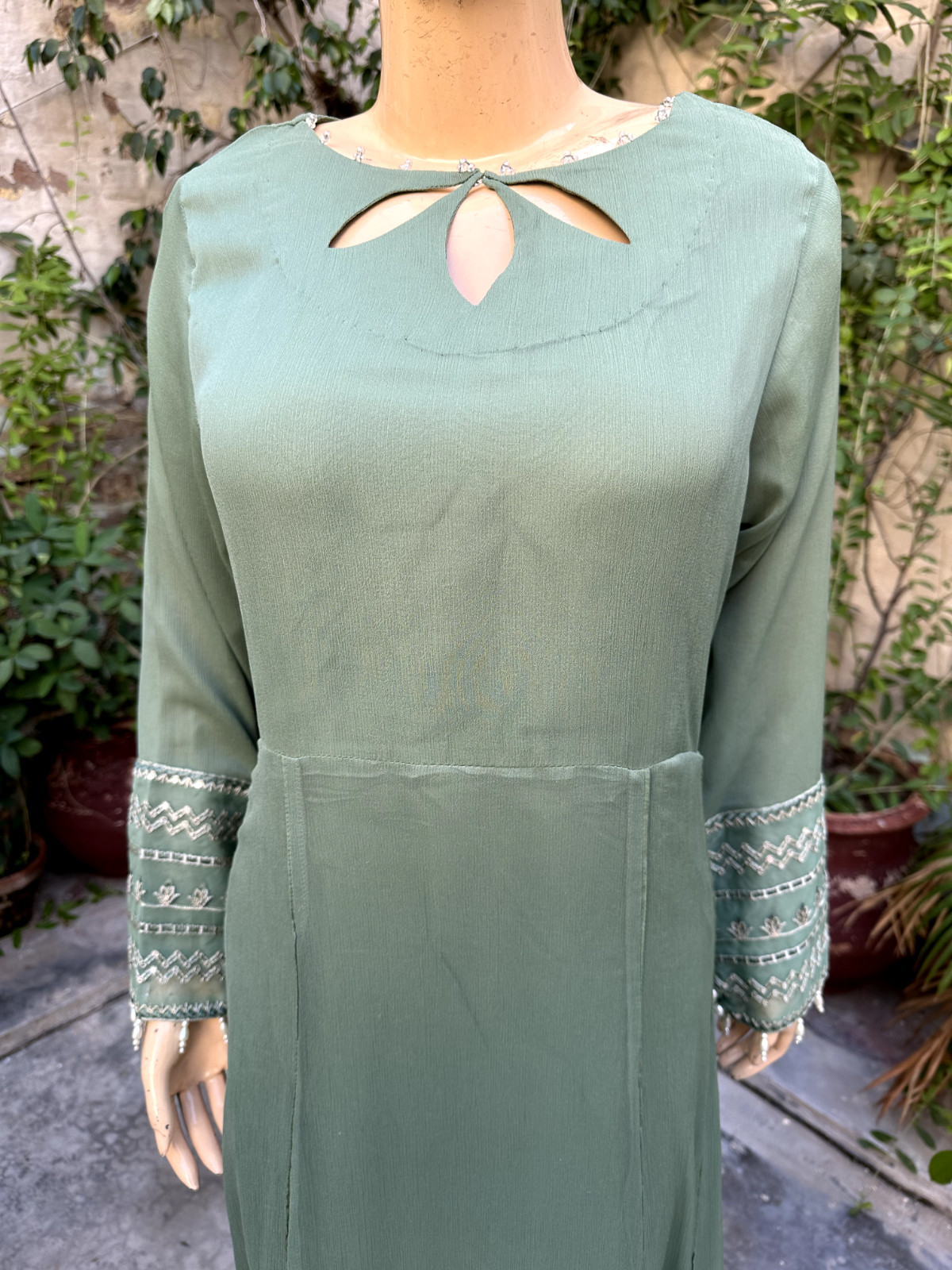 Pakistani Sage Green Long Style Embroidered Sequins fancy Chiffon Dress,XL