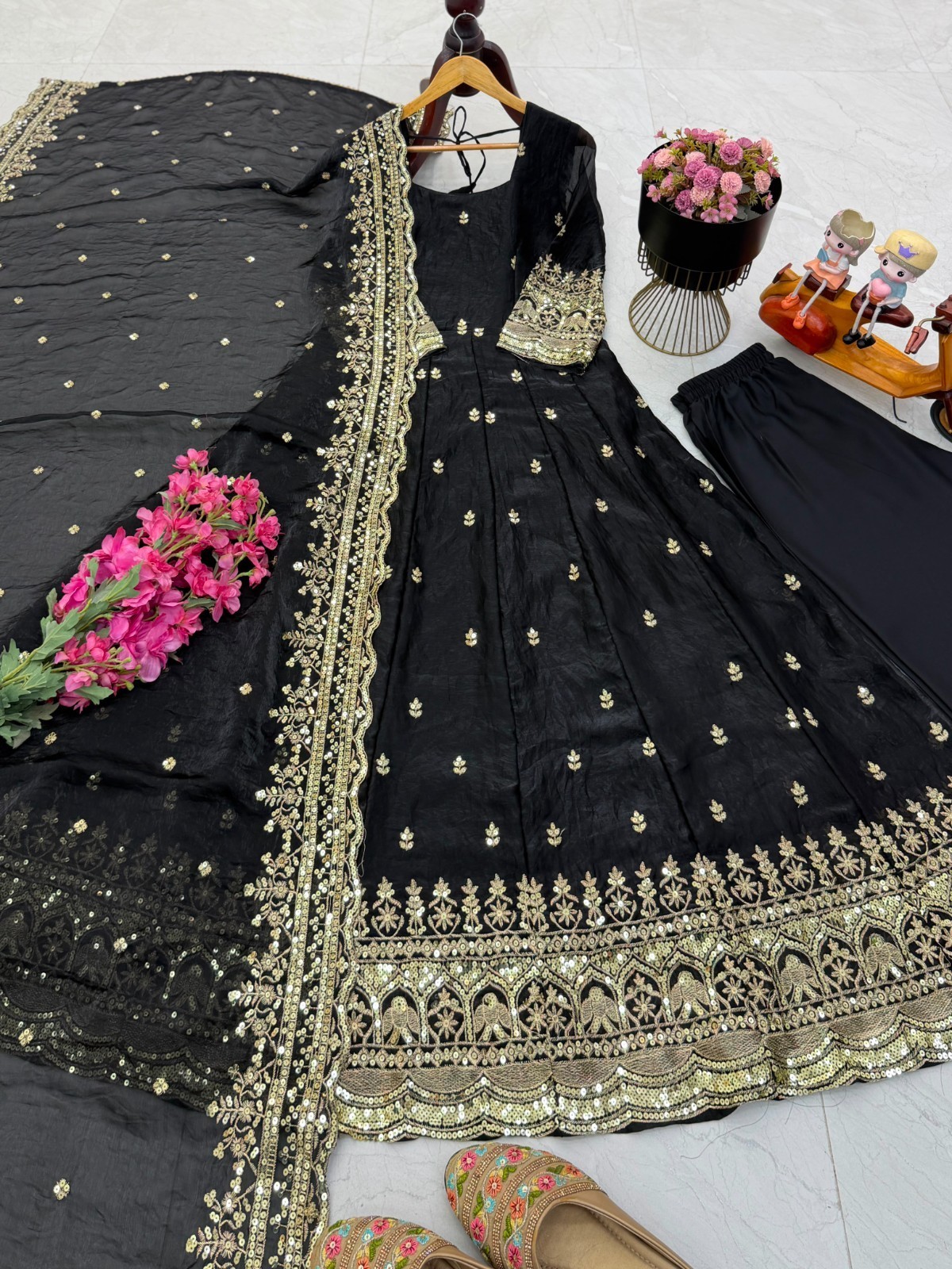 Black Fendy Silk Heavy Embroidery Ready Made Anarkali Salwar Kameez Party Wear