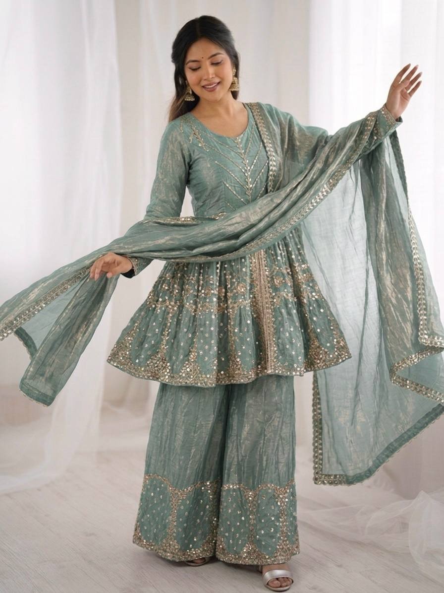 Stylish Party Wear Fendy Silk Kurta Palazzo Set with Dupatta