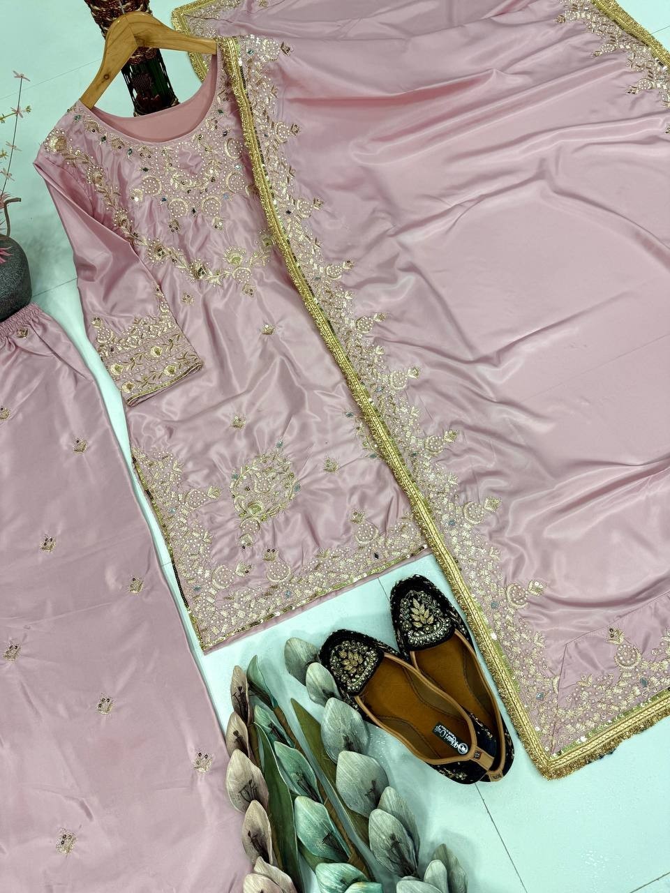 Attractive Natural Silk Light Pink Top Palazzo With Dupatta For Reception Wear